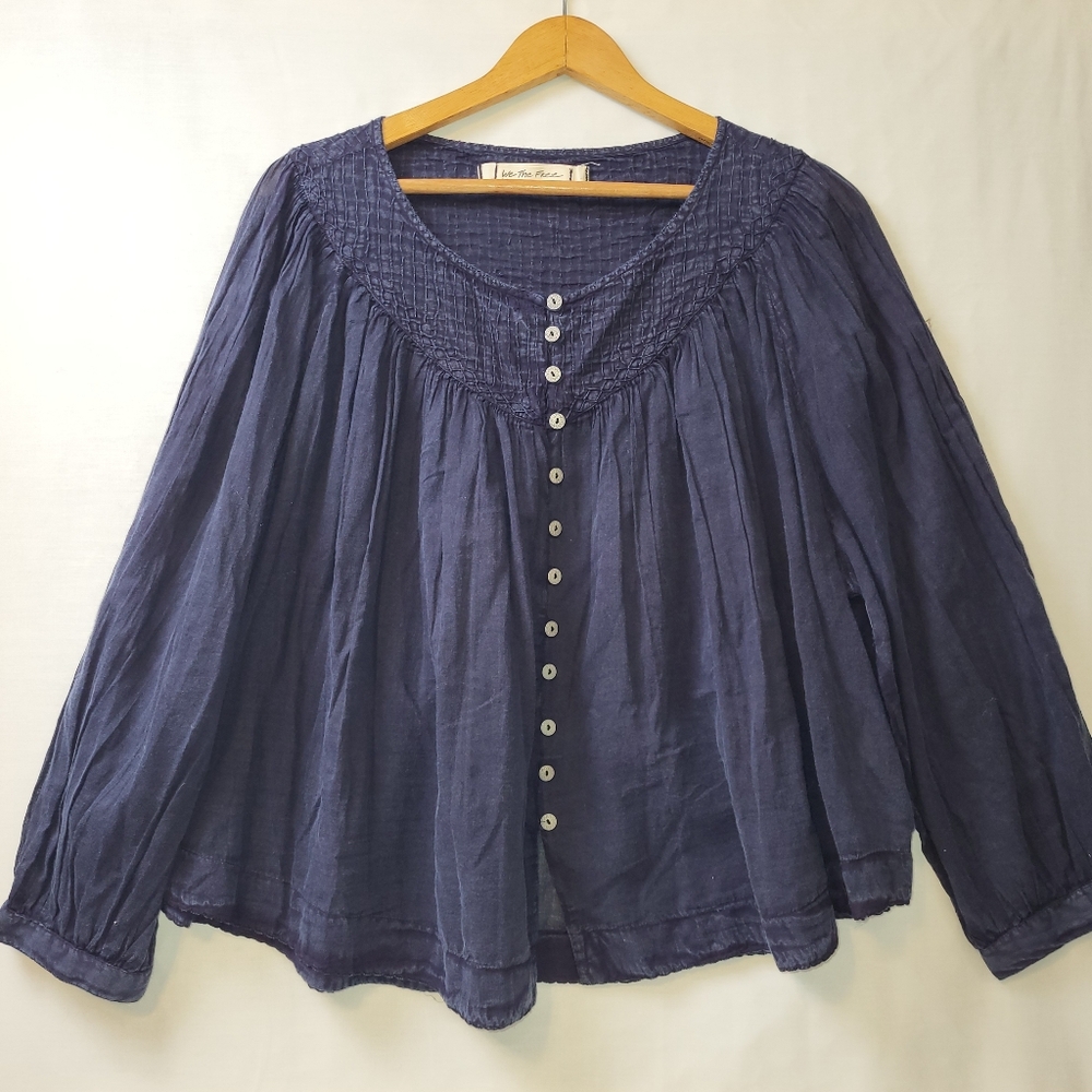 We The Free Navy Blue Smocked Button-Front Peasant Blouse